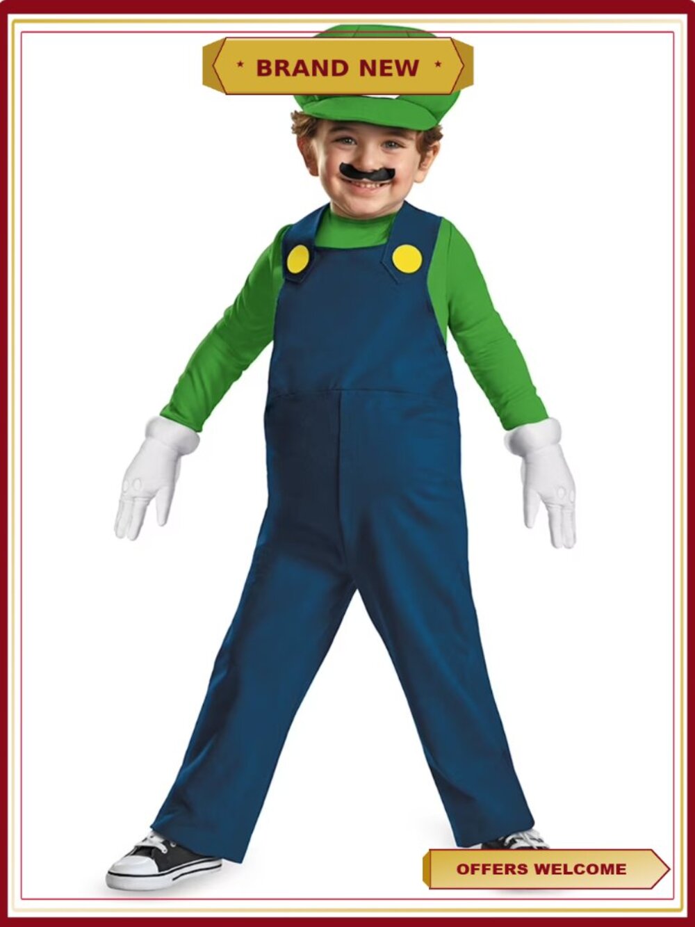 Luigi Halloween Costume Toddler Size 2T Jumpsuit Hat Mustache Gloves
